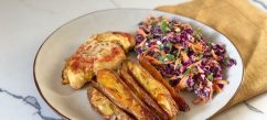 Chicken Parma with wedges and red slaw